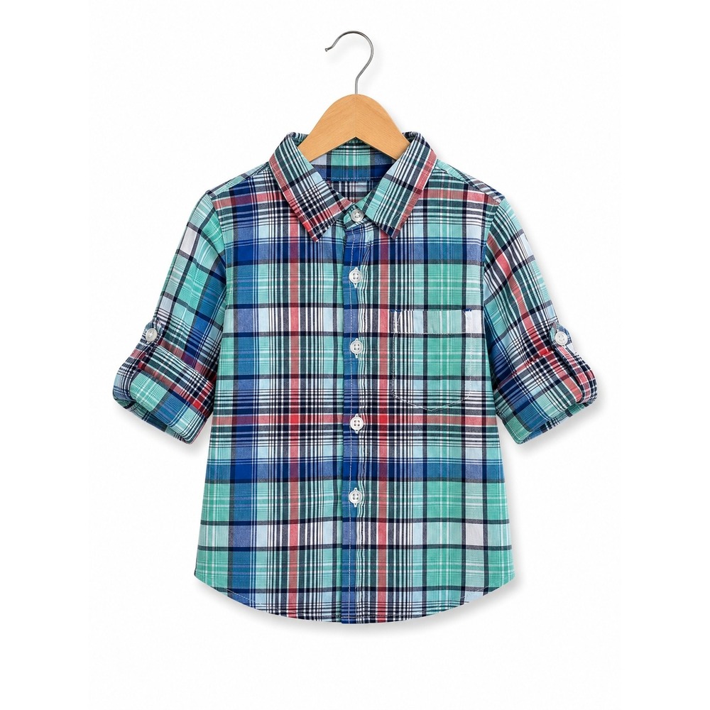 Cherokee Boys Shirt Size 24‎ Months Aqua Orange White Navy Blue Plaid Roll Tab